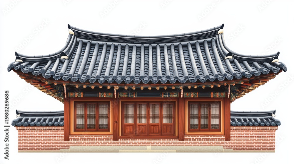 Obraz premium Korean traditional brick wall in seoul city road,south korea, sakura or Beotkkot flower in Korean language, Korean hanok roofline,spring season concept.