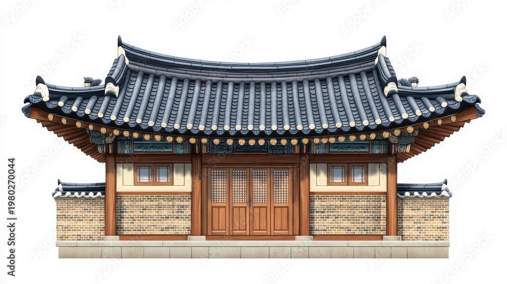Fototapeta premium Korean traditional brick wall in seoul city road,south korea, sakura or Beotkkot flower in Korean language, Korean hanok roofline,spring season concept.