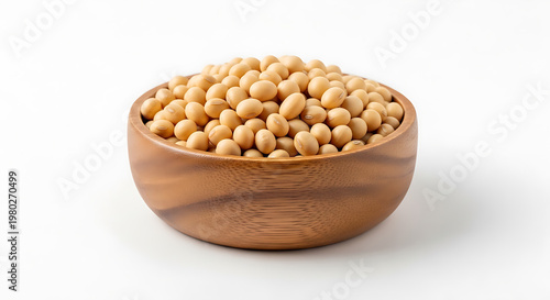A small wooden bowl filled with golden soybeans ideal for culinary designs on transparent background