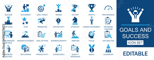 Goals and success icons set. Includes achievement, business growth, leadership and career development elements. Perfect for corporate presentations, web, apps and business motivation.