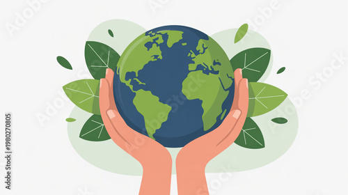 Eco friendly globe, green earth, hands holding planet, environmental care, sustainability vector