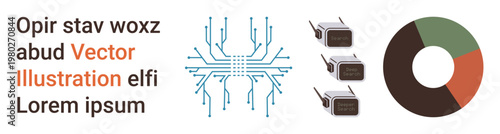 Data visualization, tech innovation, analytics, engineering concepts, circuit design, digital infrastructure. Circuit diagram with capacitors and pie chart. Tech innovation and data visualization