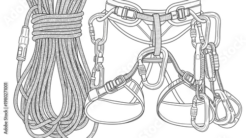 A detailed line drawing of climbing gear including ropes and harnesses on a white background.