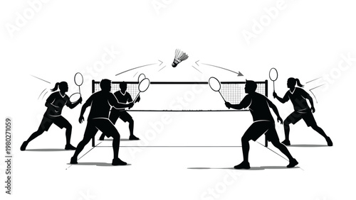 Silhouette illustration of four people playing badminton with rackets on a court with a shuttlecock in mid-air against a white background.