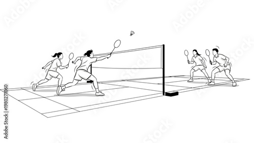 Line drawing of four people playing doubles badminton on an indoor court with a net and shuttlecock in mid-air.