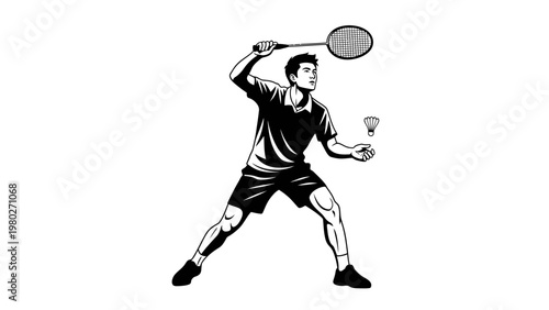 A male tennis player in athletic attire swings a racket to hit a ball with a monochromatic illustration style on a white background.