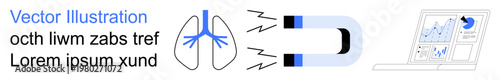Healthcare, technology, magnetic fields, medical science, data analytics, research. Illustration of lungs, a magnet and a laptop with graphs. Healthcare and technology concept