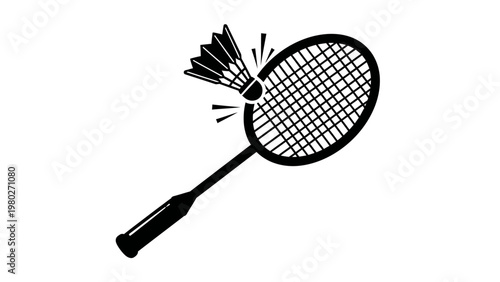 Black silhouette of a badminton racket hitting a shuttlecock on a white background with motion lines.
