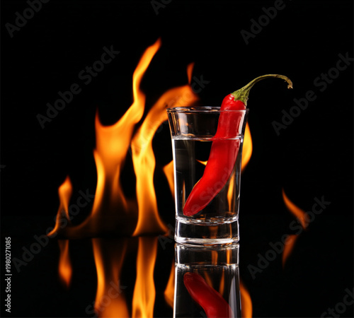 Red chili pepper shot with fire background for bar menu and spicy cocktail poster