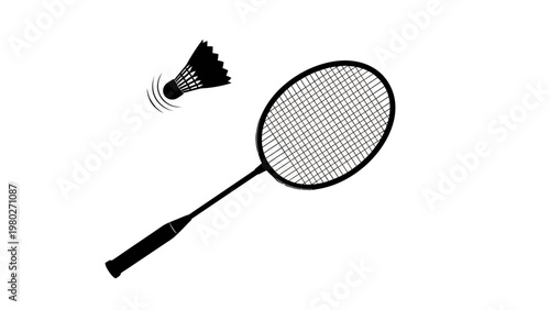Black silhouette of a badminton racket and shuttlecock in mid-air against a white background with motion lines.