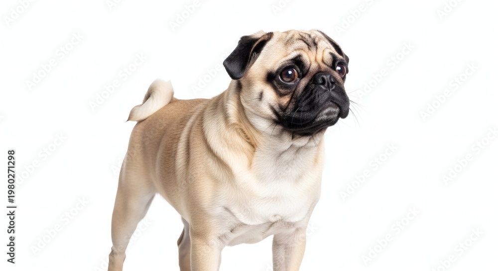 Obraz premium Cute Fawn Pug Pedigree Dog Standing Isolated on White Studio Background