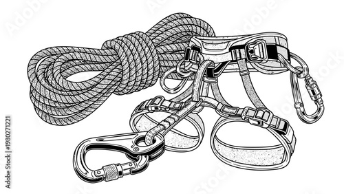 A detailed illustration of a coiled rope with attached carabiners and climbing gear on a plain white background.