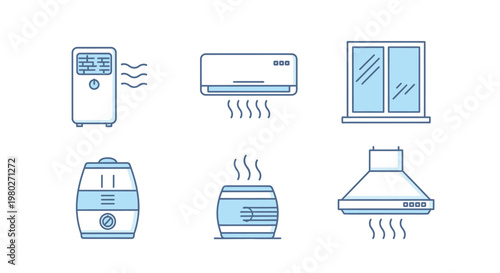 Illustrative icons showcase various home appliances related to air quality and ventilation systems