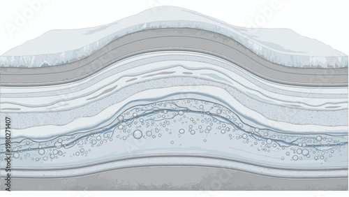 Cross-section view of a layered mattress with various materials and textures on a white background.