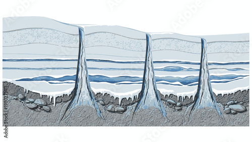 Illustration of a cross-section of permafrost thawing with water flowing through the layers on a gray rocky ground.