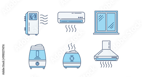A collection of home appliance icons depicts air conditioners humidifiers a range hood and a purifier