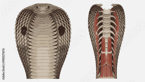 Detailed anatomical illustration of a cobra's skeletal and muscular system on a white background.