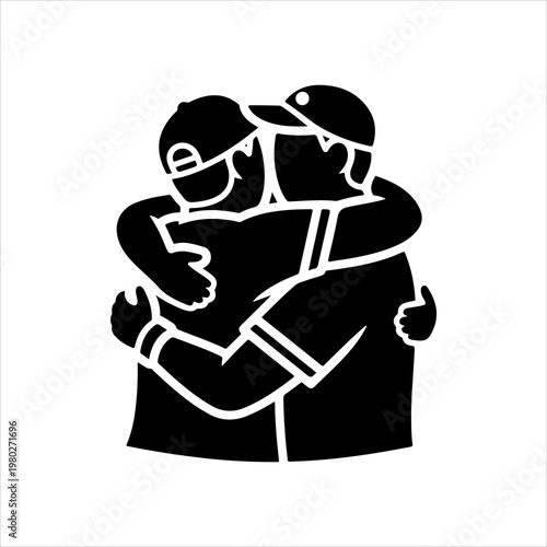 Two people embracing in a warm friendly hug showing connection.
