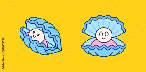 Pearl inside clam shells in kawaii cartoon illustration vector for icon or sticker design