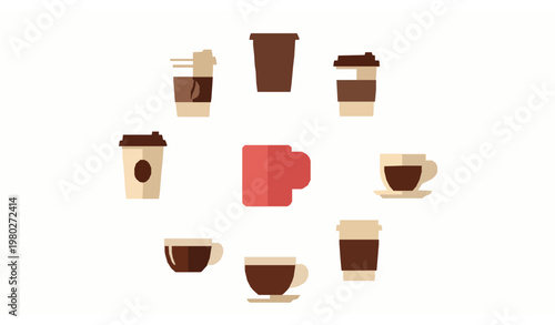 Circular Coffee and Tea Cup Icons Collection with Hot Drink Mugs Disposable Cups Flat Vector