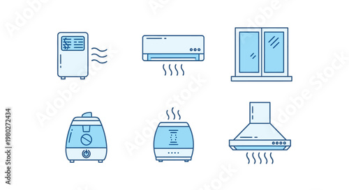 Illustration depicting various home cooling and air quality appliances in a simple line art style