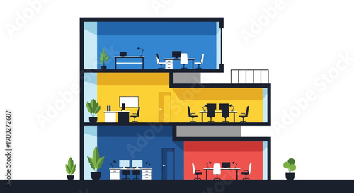 Creative Letter E Shaped Modern Office Building Interior Flat Illustration with Furniture and Colorful Rooms
