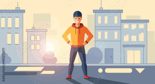 Confident Young Man in Casual Hoodie Standing in Urban Cityscape Vector Illustration