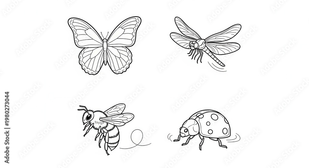 Fototapeta premium Set of Four Insects: Butterfly, Dragonfly, Bee, Ladybug, Line Art, Vector, Isolated