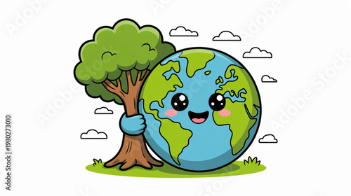 Eco friendly globe, smiling earth, tree hugger, green planet, cartoon vector