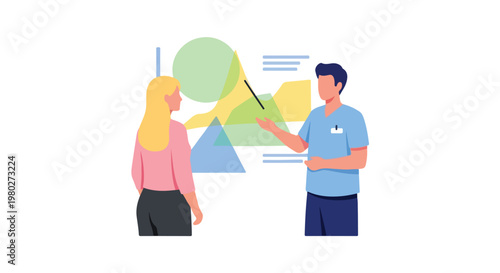 A male professional in a light blue uniform uses a pointer to explain a complex chart with colorful shapes to a female colleague.