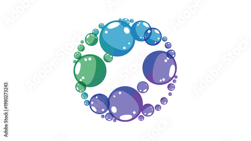A circular arrangement of colorful bubbles in shades of blue, purple, and green on a white background.