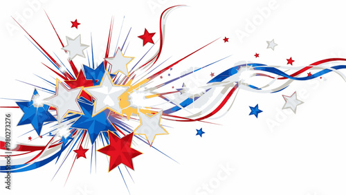Colorful star and ribbon design elements in red, white, and blue hues on a white background for festive decoration or celebration.
