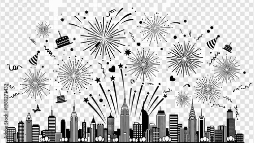 Black and white illustration of a city skyline with fireworks exploding above it on a transparent background.