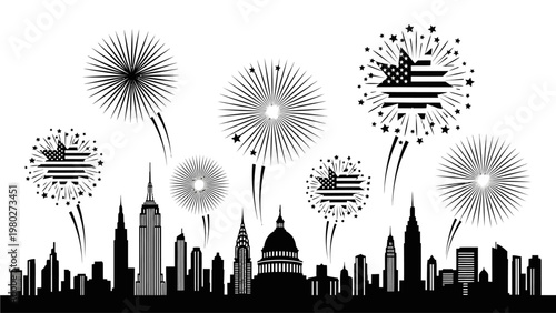 Black and white illustration of the New York City skyline with fireworks exploding above it in a celebratory mood against a plain white background.
