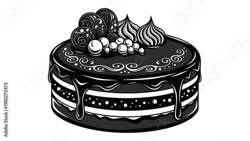 Black and white illustration of a decorated chocolate cake with frosting and candies on top against a clean white background.