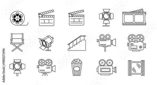 A collection of simple linear icons representing various elements of filmmaking and cinema