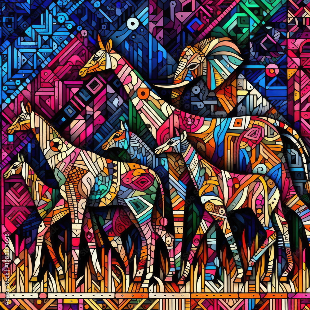 Fototapeta premium Vibrant Tingatinga African Wildlife Tribal Mosaic Vector Pattern