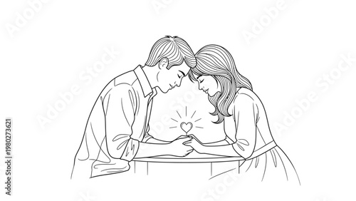 Black and white line drawing of a man and woman leaning in together with foreheads touching and hands clasped around a glowing heart on a table.