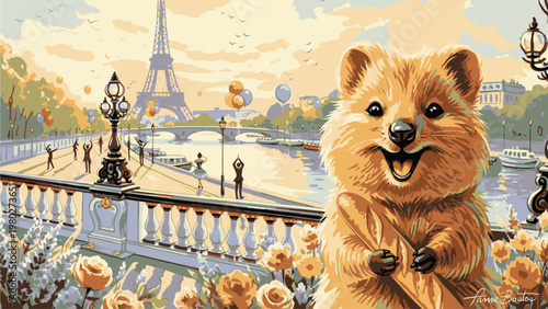 A smiling quokka stands in front of a scenic Parisian landscape with the Eiffel Tower and a river Seine bridge with flowers in a daytime setting with a joyful mood.