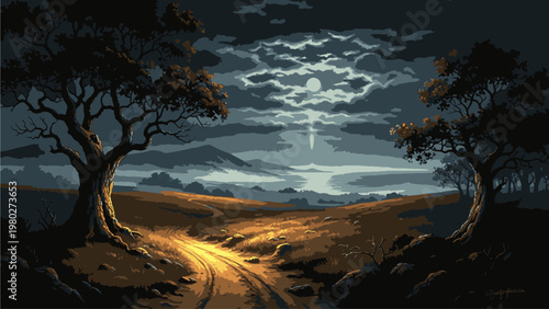 A serene landscape of a dirt road lined with trees under a dramatic cloudy sky at dusk with warm lighting.