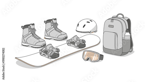 Illustration of snowboarding gear including boots, bindings, helmet, goggles, backpack, and snowboard on a white background.