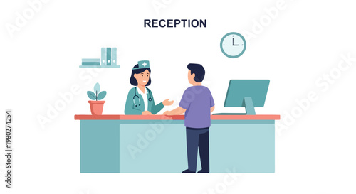 A friendly medical professional in a lab coat greets a patient at a hospital reception desk, featuring a clean and modern clinic interior.