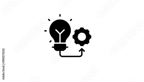 A black and white illustration of a lightbulb and gear turning