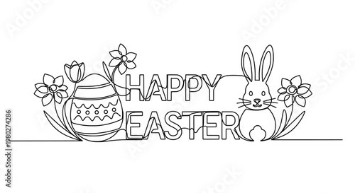 A happy Easter illustration with a bunny and decorated egg