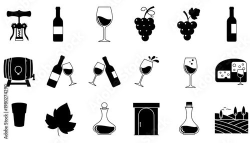 A collection of wine and grape icons on a white background