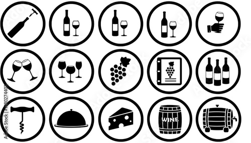 A collection of wine and food icons on a white background