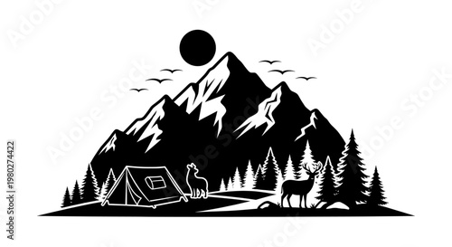 A serene mountain landscape with a tent and animals in a peaceful setting