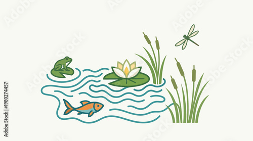 Minimalist Pond Scene with Aquatic Life