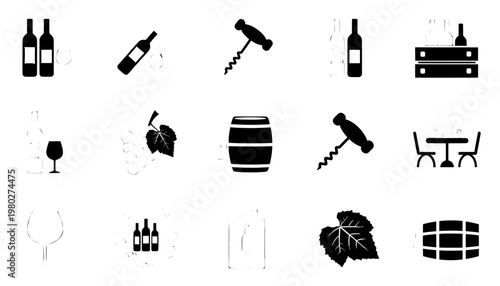 A collection of wine and vineyard related icons on a white background
