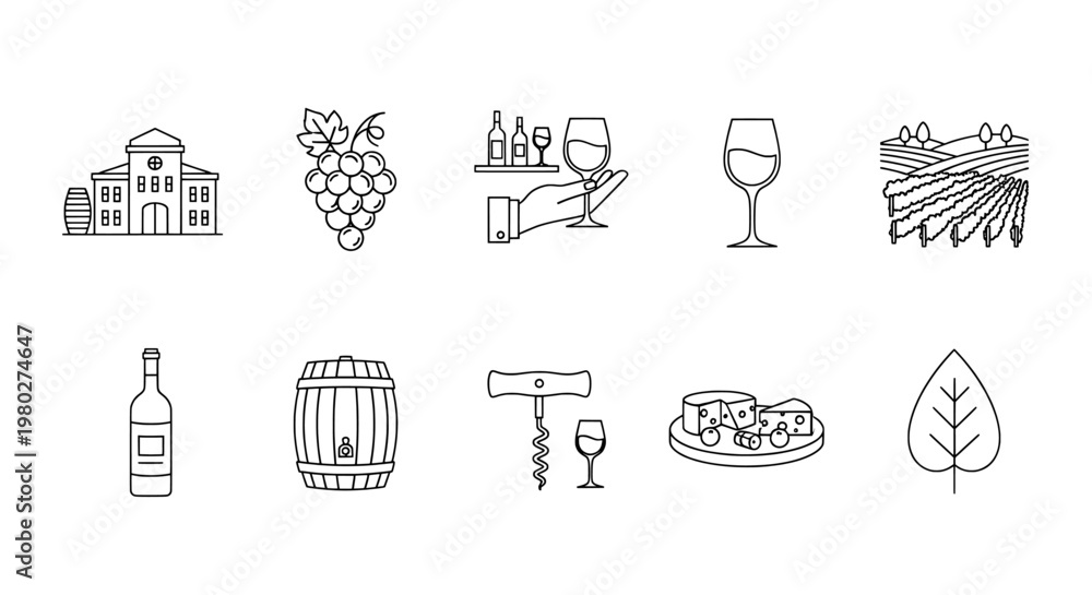 Fototapeta premium A collection of wine and vineyard related icons and illustrations